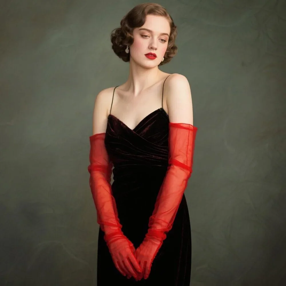 Women's Tulle Dark Red Long Satin Gloves Evening Elbow Length Party Costumes